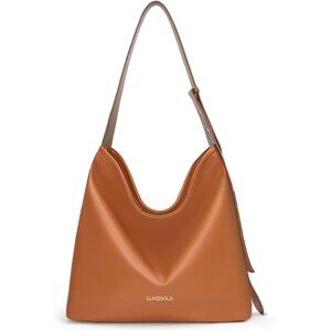 Women's Golden Brown Tote Hobo Vegan Leather Shoulder Strap Zippered Pocket Bag